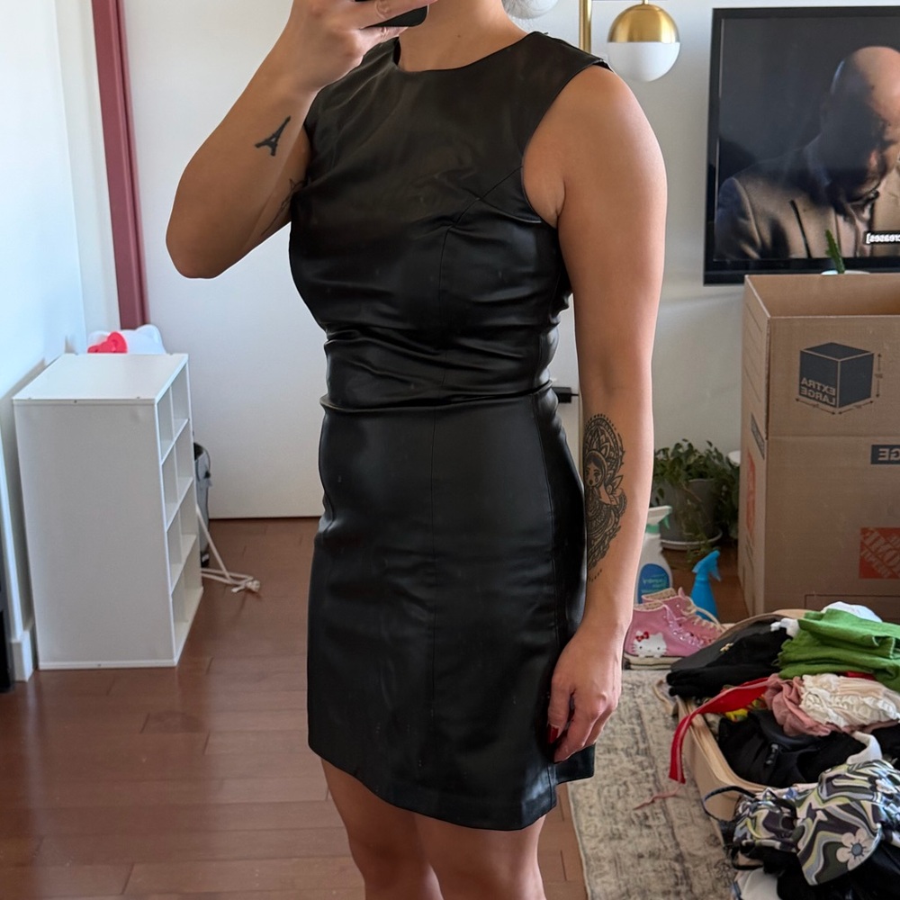 Zara Classic Black Sleeveless Faux Leather Sheath Dress